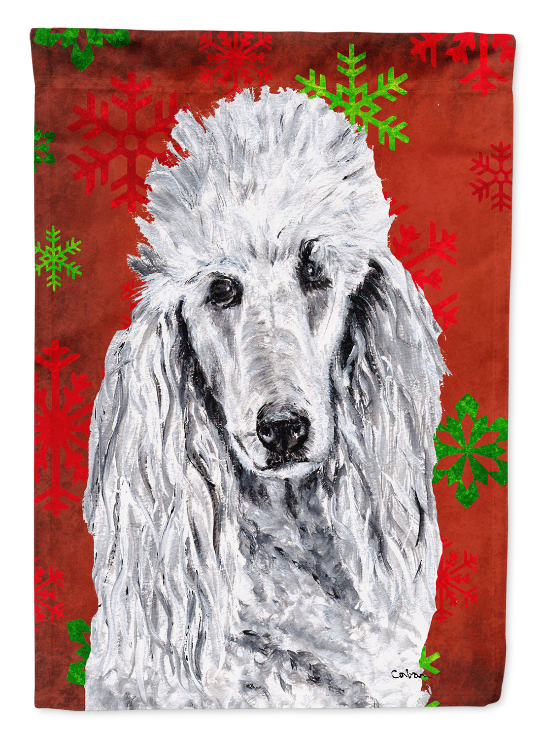 White Standard Poodle Red Snowflakes Holiday Flag Canvas House Size SC9751CHF  the-store.com.