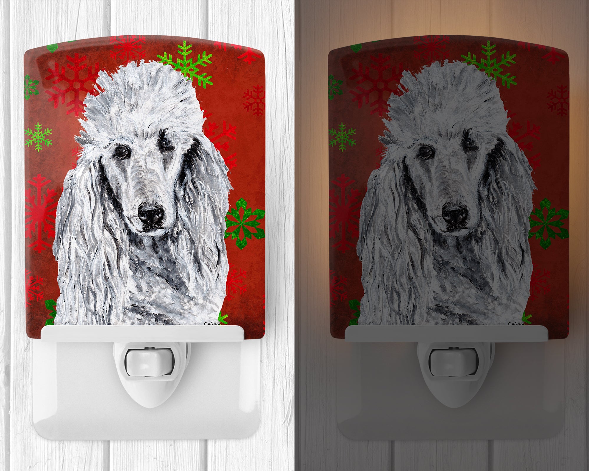White Standard Poodle Red Snowflakes Holiday Ceramic Night Light SC9751CNL - the-store.com