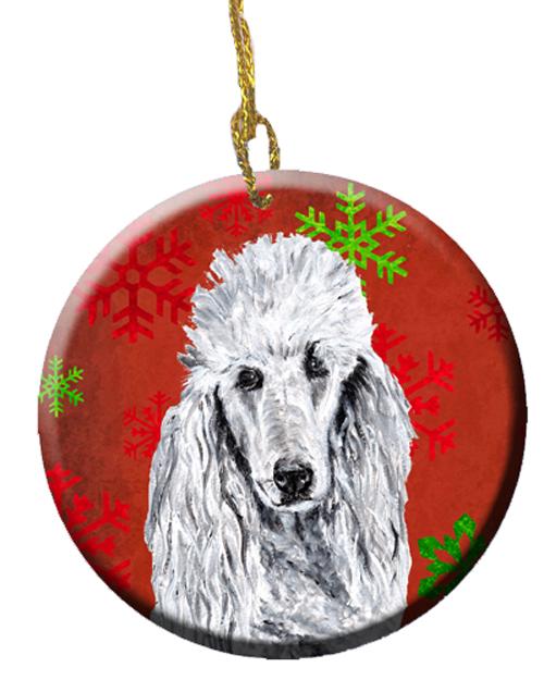 White Standard Poodle Red Snowflakes Holiday Ceramic Ornament SC9751CO1 by Caroline&#39;s Treasures