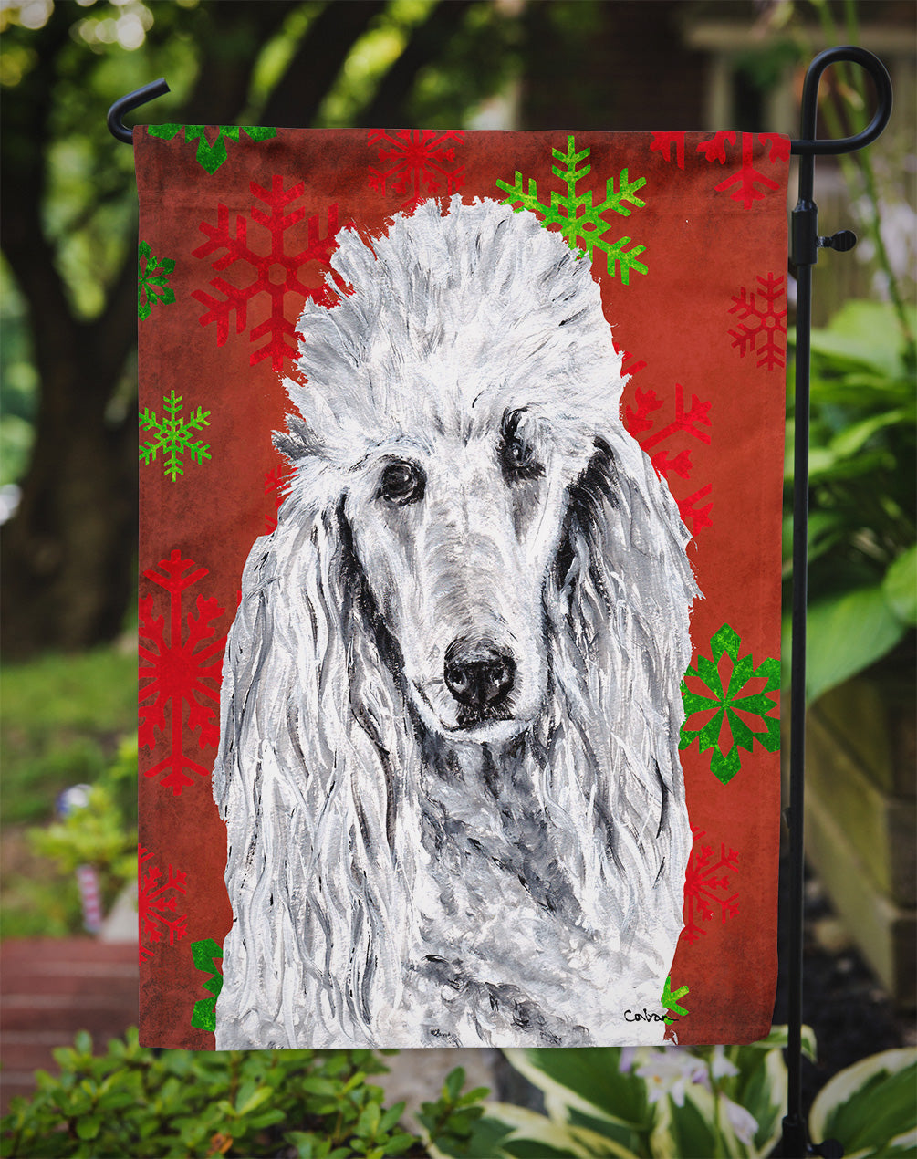 White Standard Poodle Red Snowflakes Holiday Flag Garden Size SC9751GF