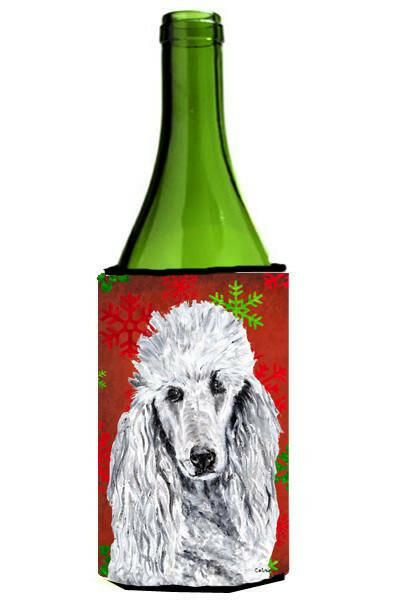 White Standard Poodle Red Snowflakes Holiday Wine Bottle Beverage Insulator Hugger SC9751LITERK by Caroline&#39;s Treasures
