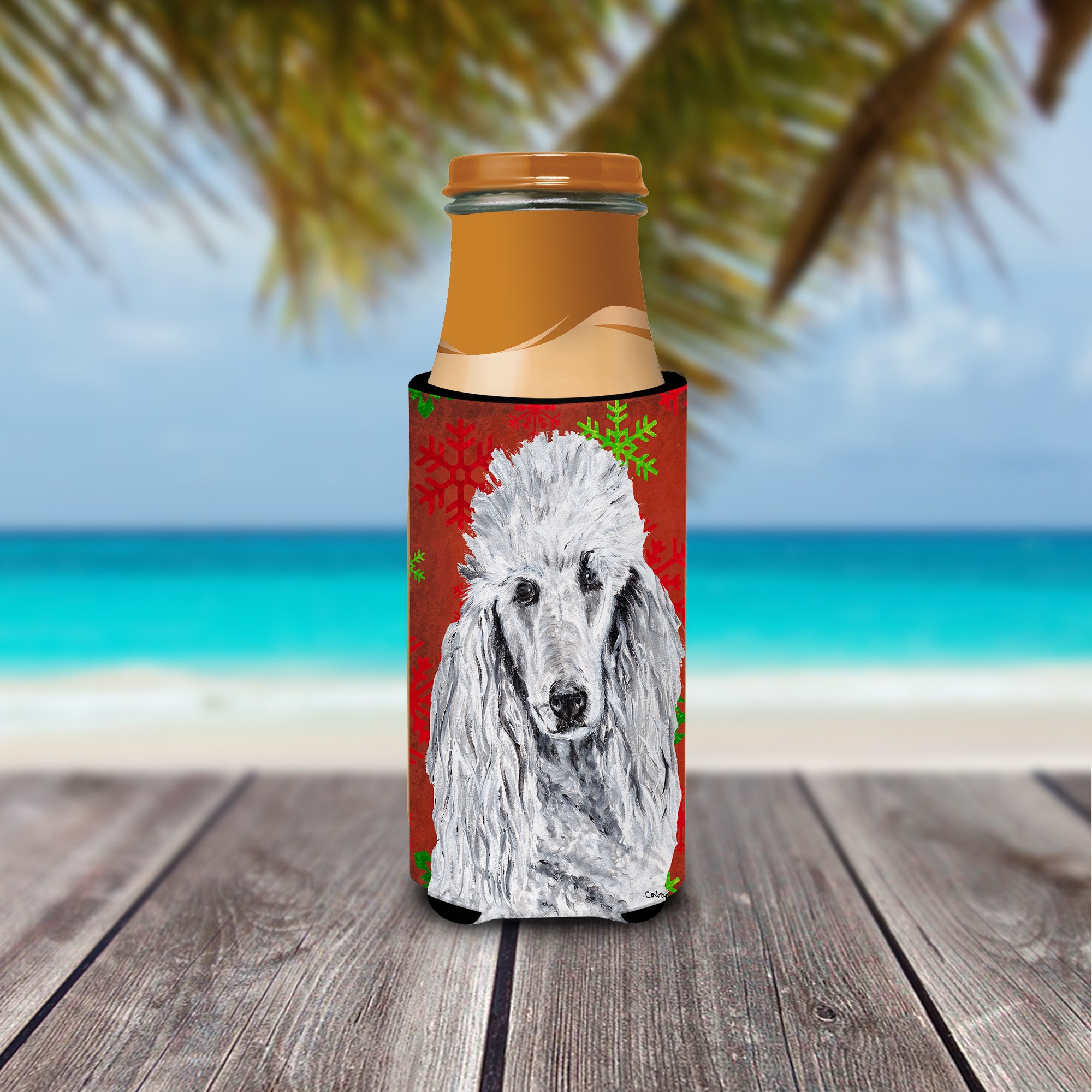 White Standard Poodle Red Snowflakes Holiday Ultra Beverage Insulators for slim cans SC9751MUK.