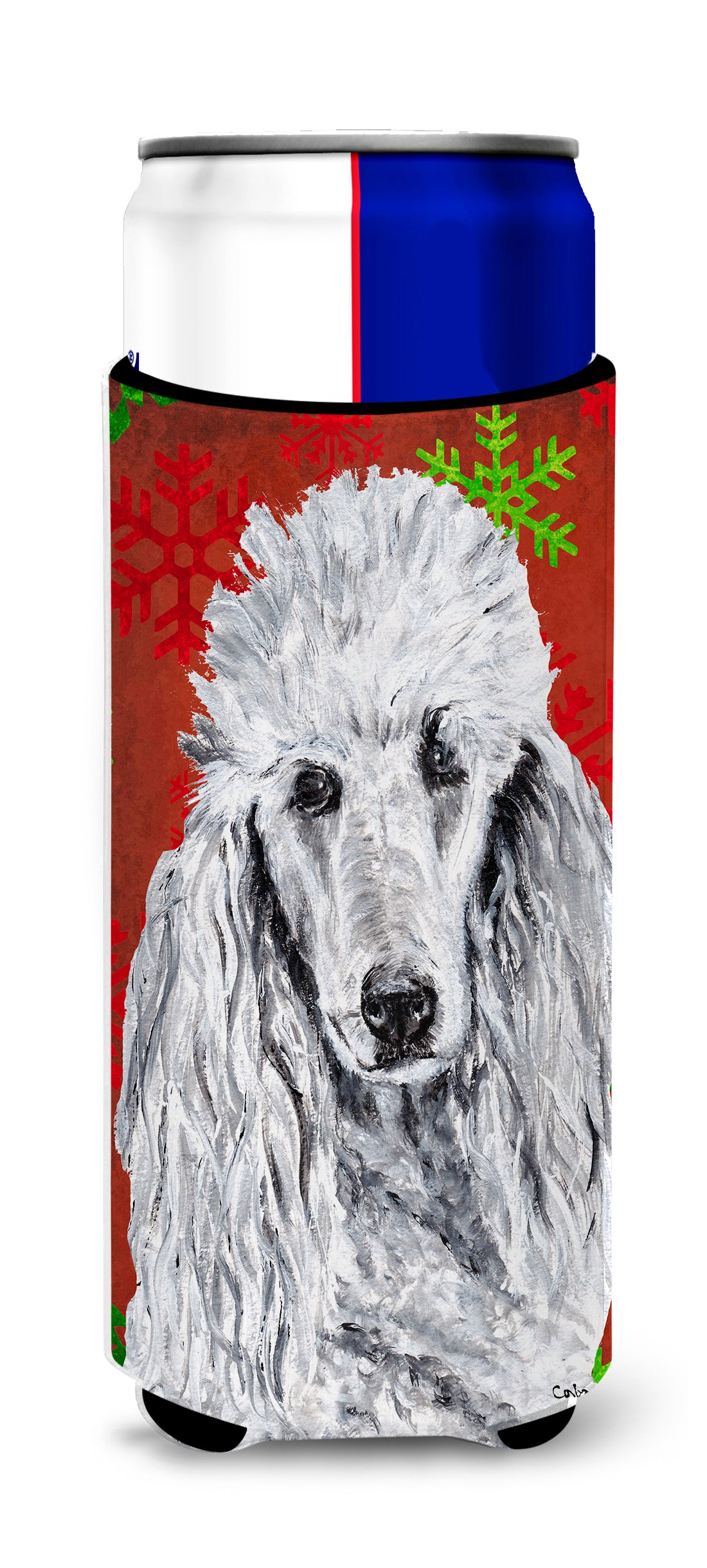 White Standard Poodle Red Snowflakes Holiday Ultra Beverage Insulators for slim cans SC9751MUK.