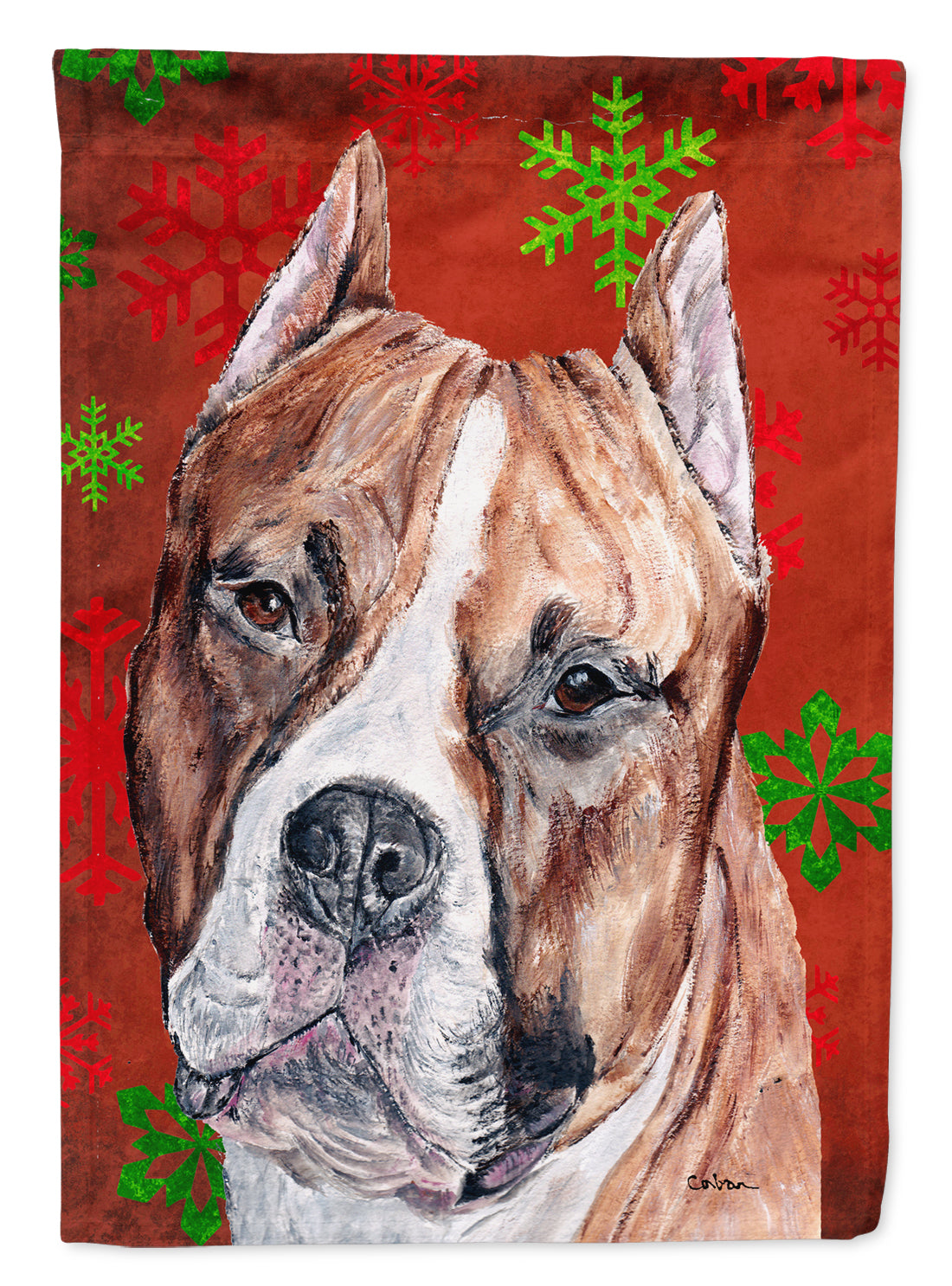 Staffordshire Bull Terrier Staffie Red Snowflakes Holiday Flag Canvas House Size SC9752CHF  the-store.com.