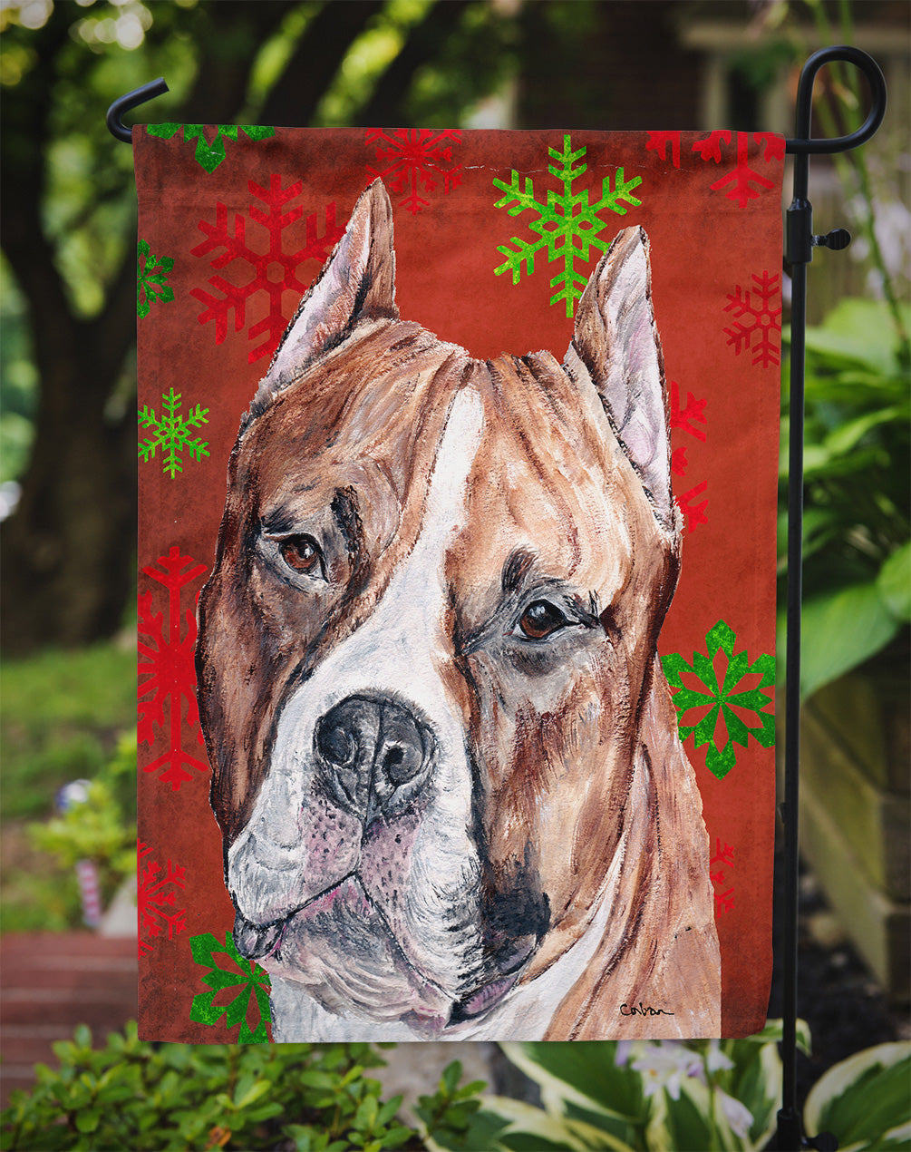 Staffordshire Bull Terrier Staffie Red Snowflakes Holiday Flag Garden Size SC9752GF  the-store.com.