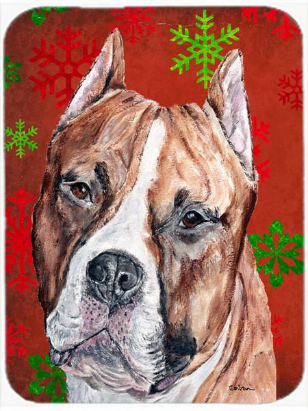 Staffordshire Bull Terrier Staffie Red Snowflakes Holiday Glass Cutting Board Large Size SC9752LCB by Caroline&#39;s Treasures