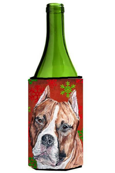Staffordshire Bull Terrier Staffie Red Snowflakes Holiday Wine Bottle Beverage Insulator Hugger SC9752LITERK by Caroline&#39;s Treasures