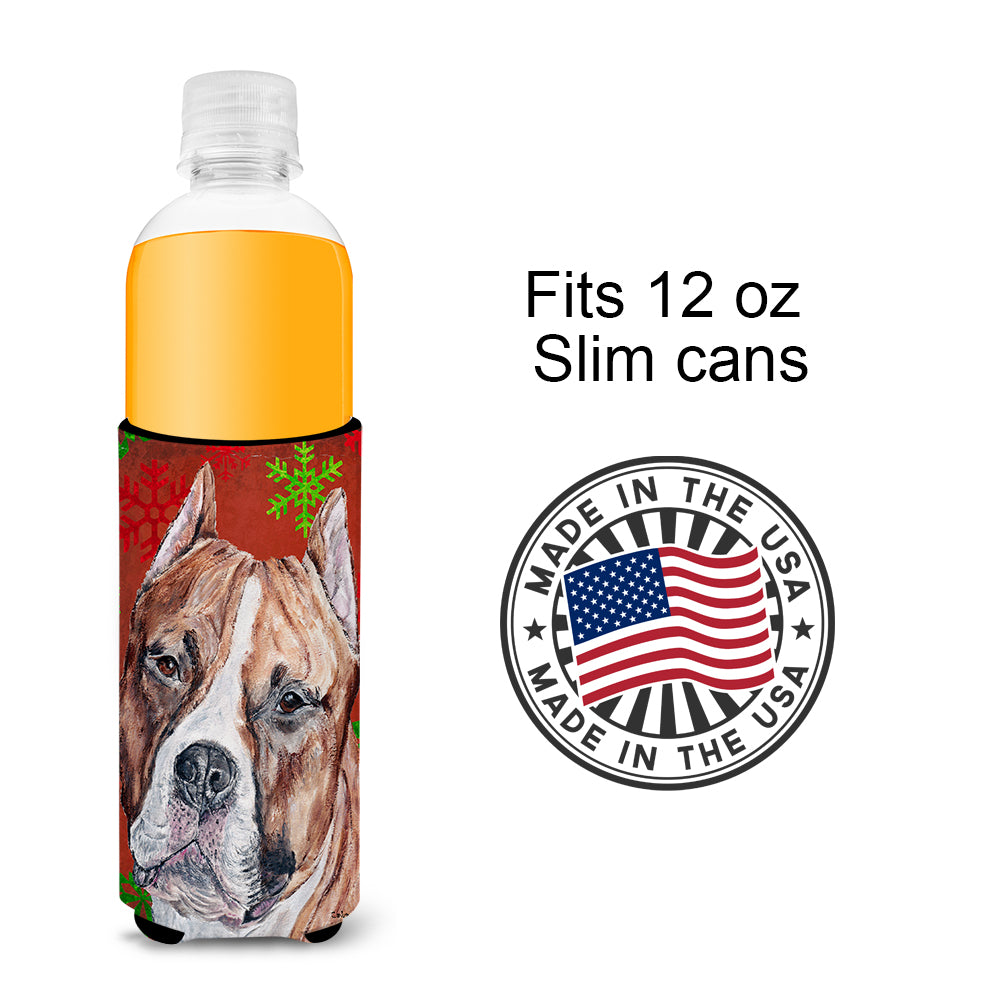 Staffordshire Bull Terrier Staffie Red Snowflakes Holiday Ultra Beverage Insulators for slim cans SC9752MUK.