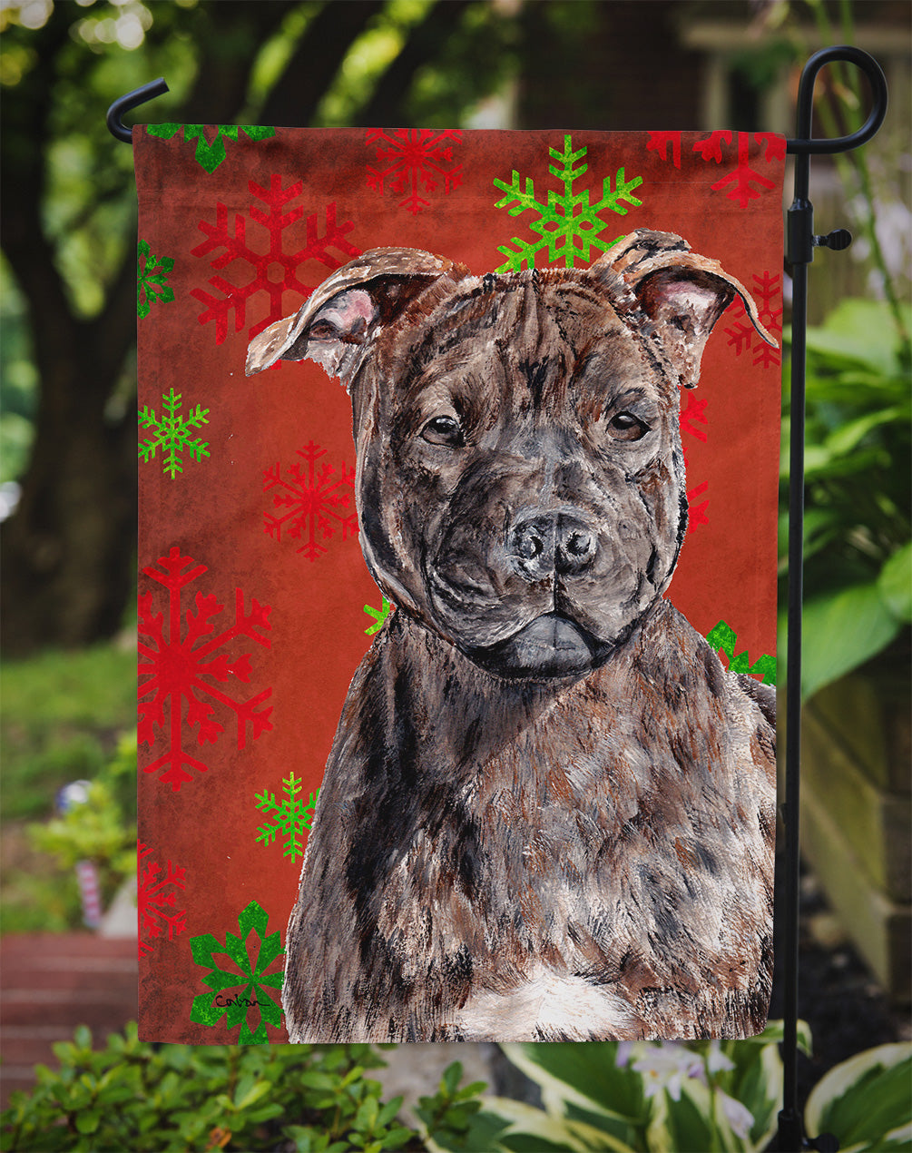 Staffordshire Bull Terrier Staffie Red Snowflakes Holiday Flag Garden Size SC9753GF