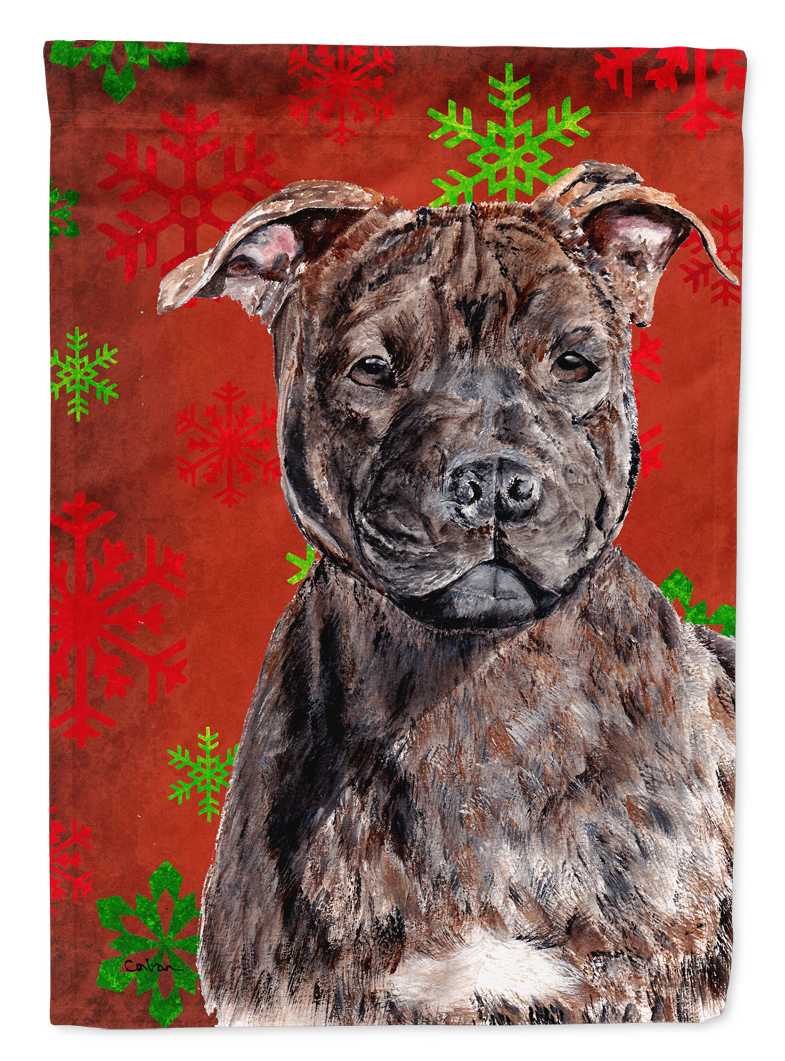 Staffordshire Bull Terrier Staffie Red Snowflakes Holiday Flag Garden Size SC9753GF  the-store.com.