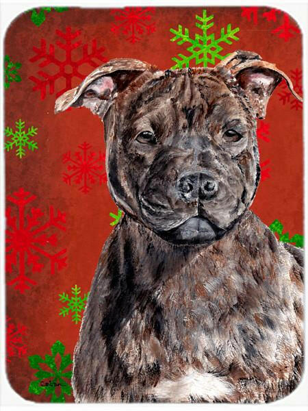 Staffordshire Bull Terrier Staffie Red Snowflakes Holiday Glass Cutting Board Large Size SC9753LCB by Caroline&#39;s Treasures