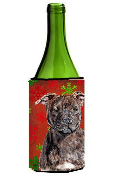 Staffordshire Bull Terrier Staffie Red Snowflakes Holiday Wine Bottle Beverage Insulator Hugger SC9753LITERK by Caroline&#39;s Treasures
