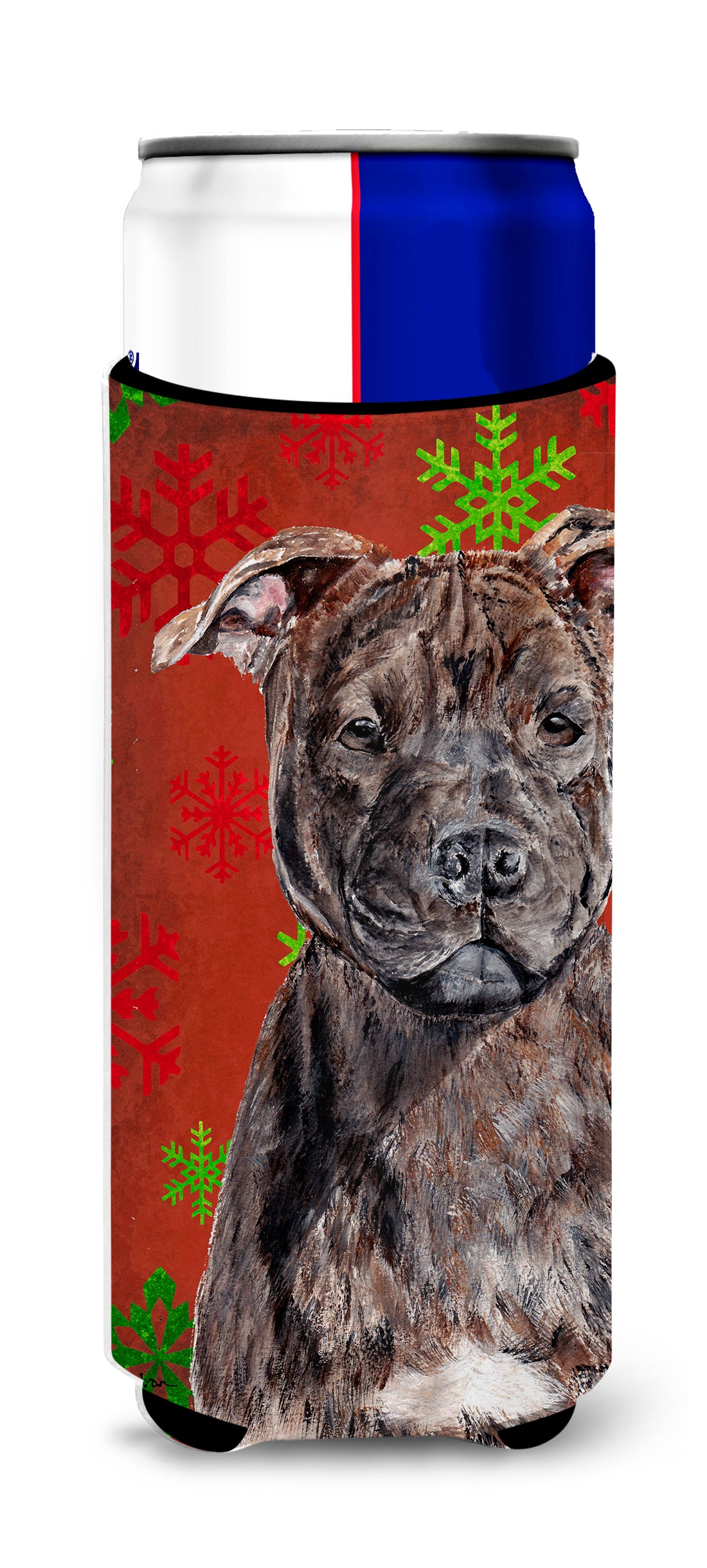 Staffordshire Bull Terrier Staffie Red Snowflakes Holiday Ultra Beverage Insulators for slim cans SC9753MUK.