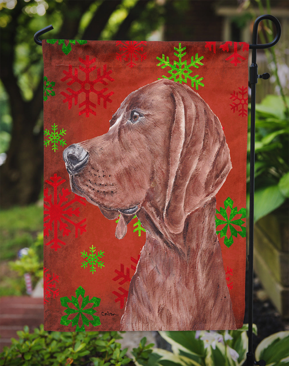 Redbone Coonhound Red Snowflakes Holiday Flag Garden Size SC9755GF  the-store.com.