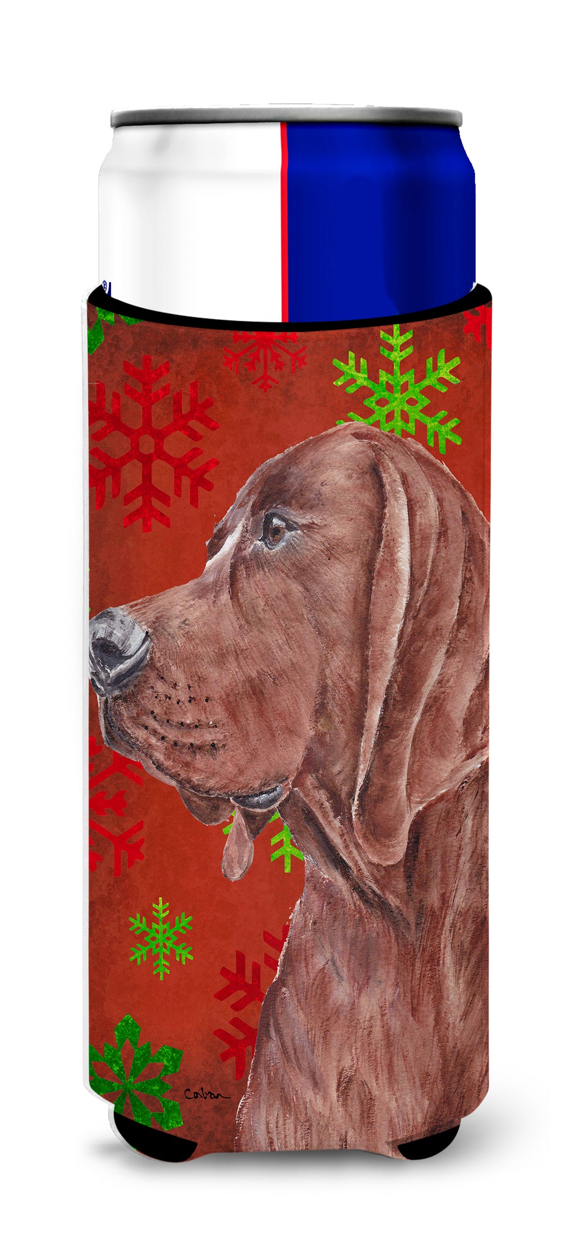 Redbone Coonhound Red Snowflakes Holiday Ultra Beverage Insulators for slim cans SC9755MUK