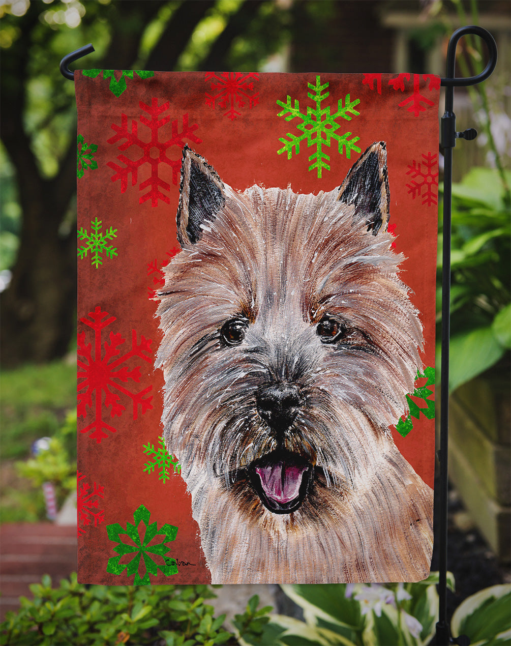 Norwich Terrier Red Snowflakes Holiday Flag Garden Size SC9758GF  the-store.com.