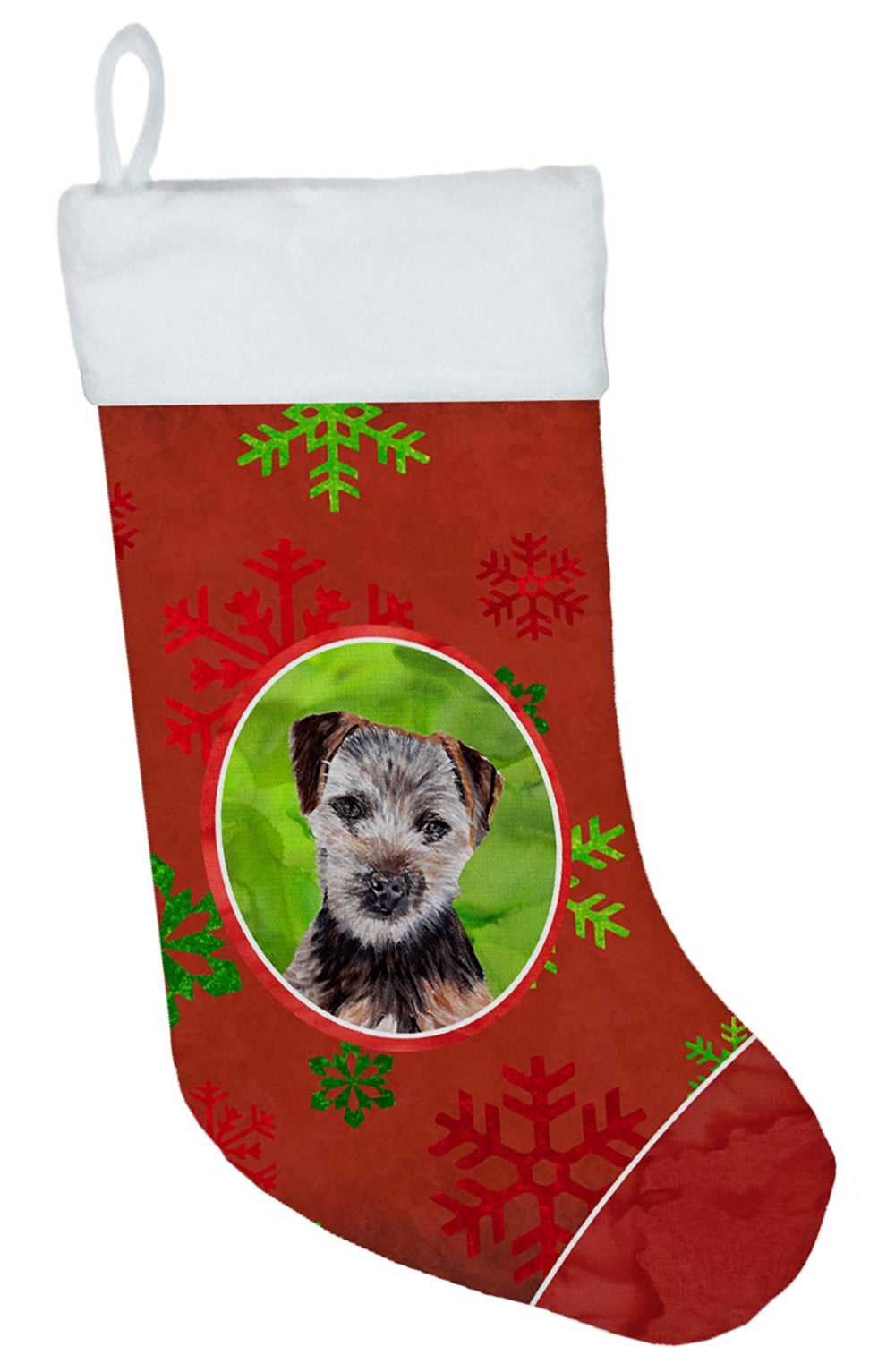 Norfolk Terrier Puppy Red Snowflakes Holiday Christmas Stocking SC9759-CS