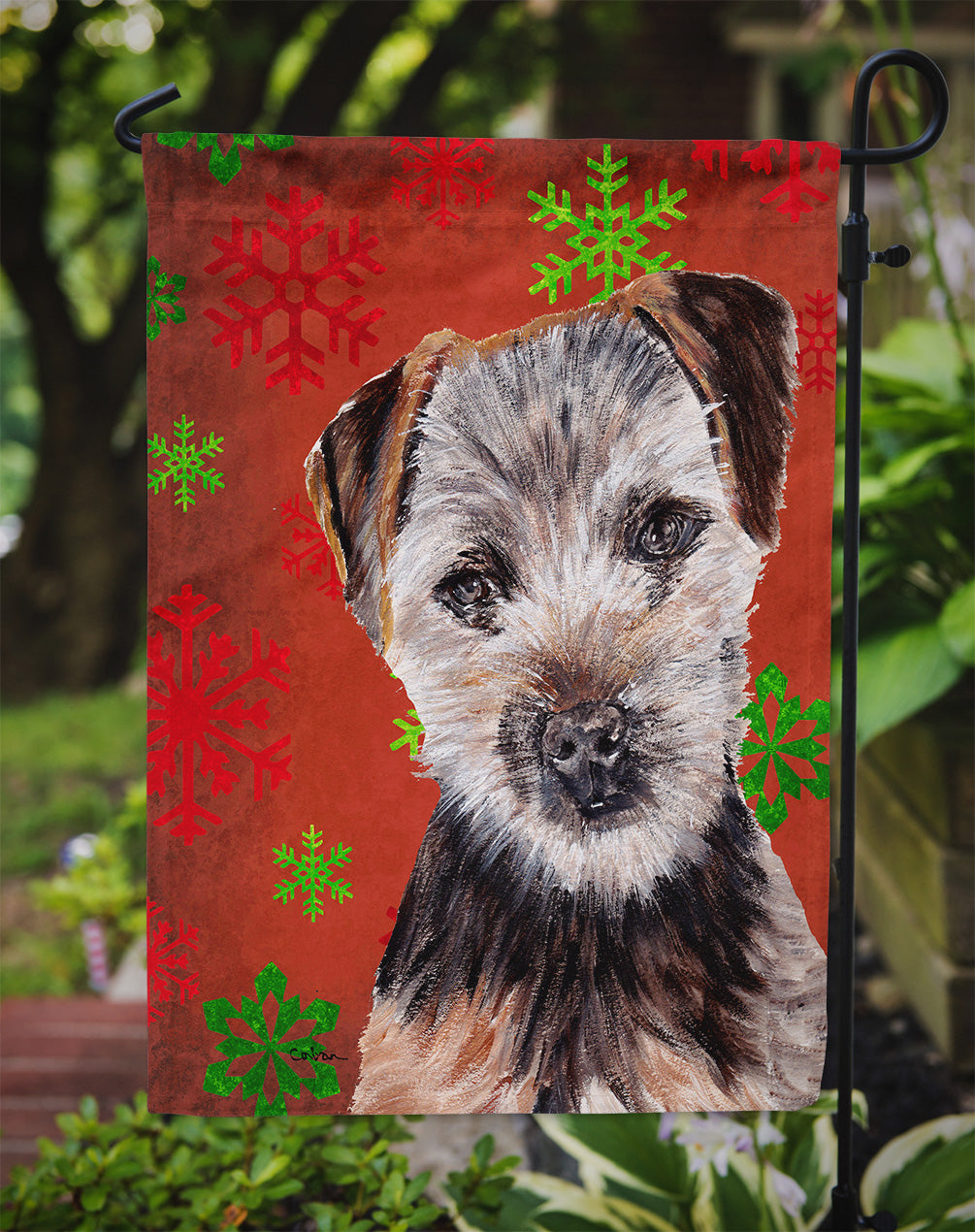 Norfolk Terrier Puppy Red Snowflakes Holiday Flag Garden Size SC9759GF  the-store.com.