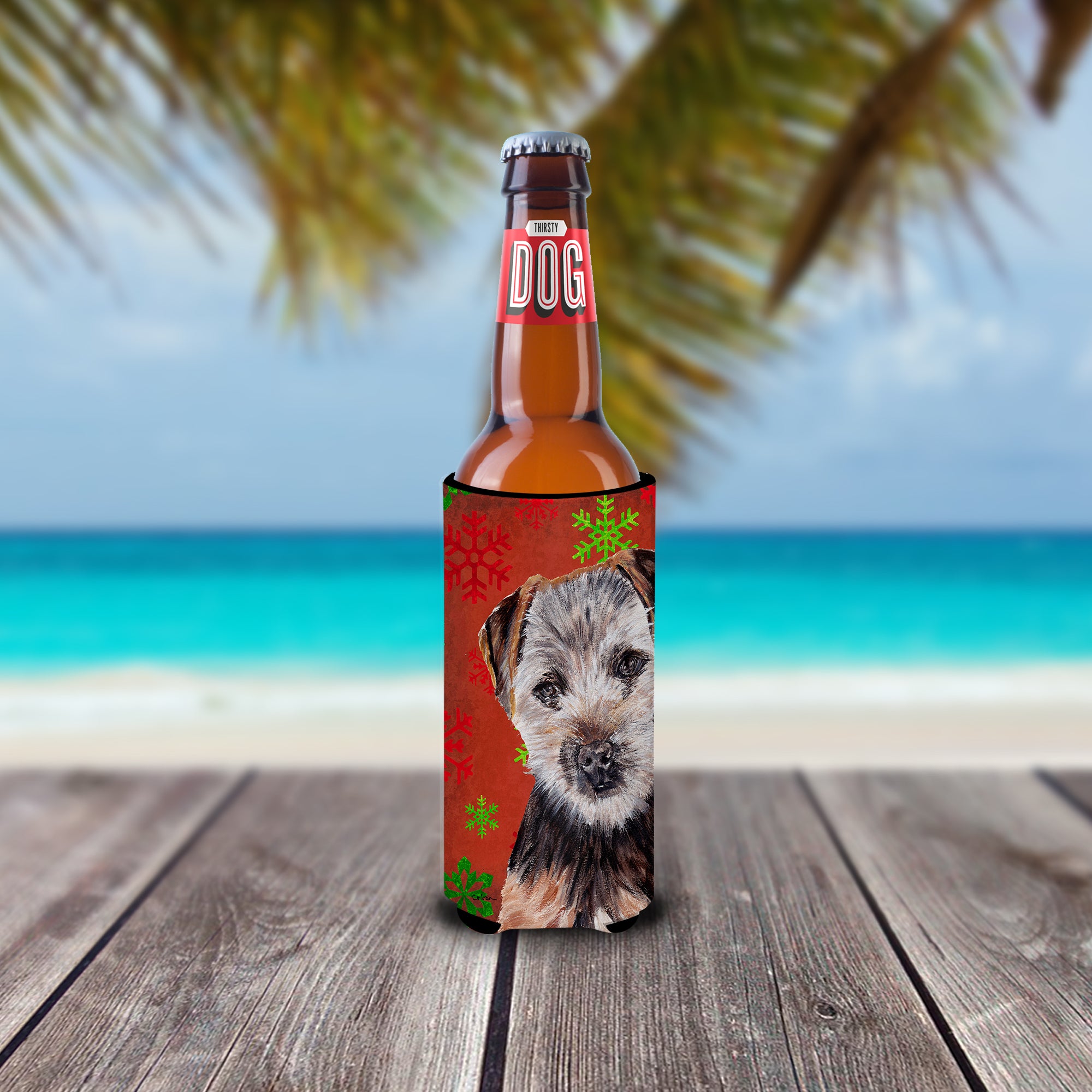 Norfolk Terrier Puppy Red Snowflakes Holiday Ultra Beverage Insulators for slim cans SC9759MUK.