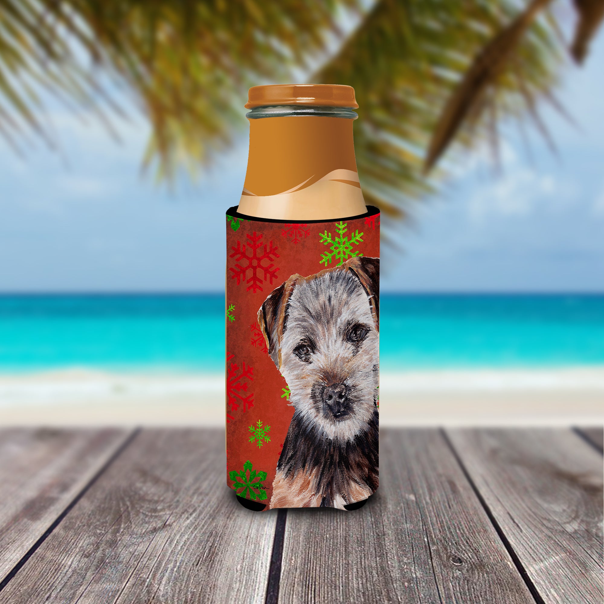 Norfolk Terrier Puppy Red Snowflakes Holiday Ultra Beverage Insulators for slim cans SC9759MUK.