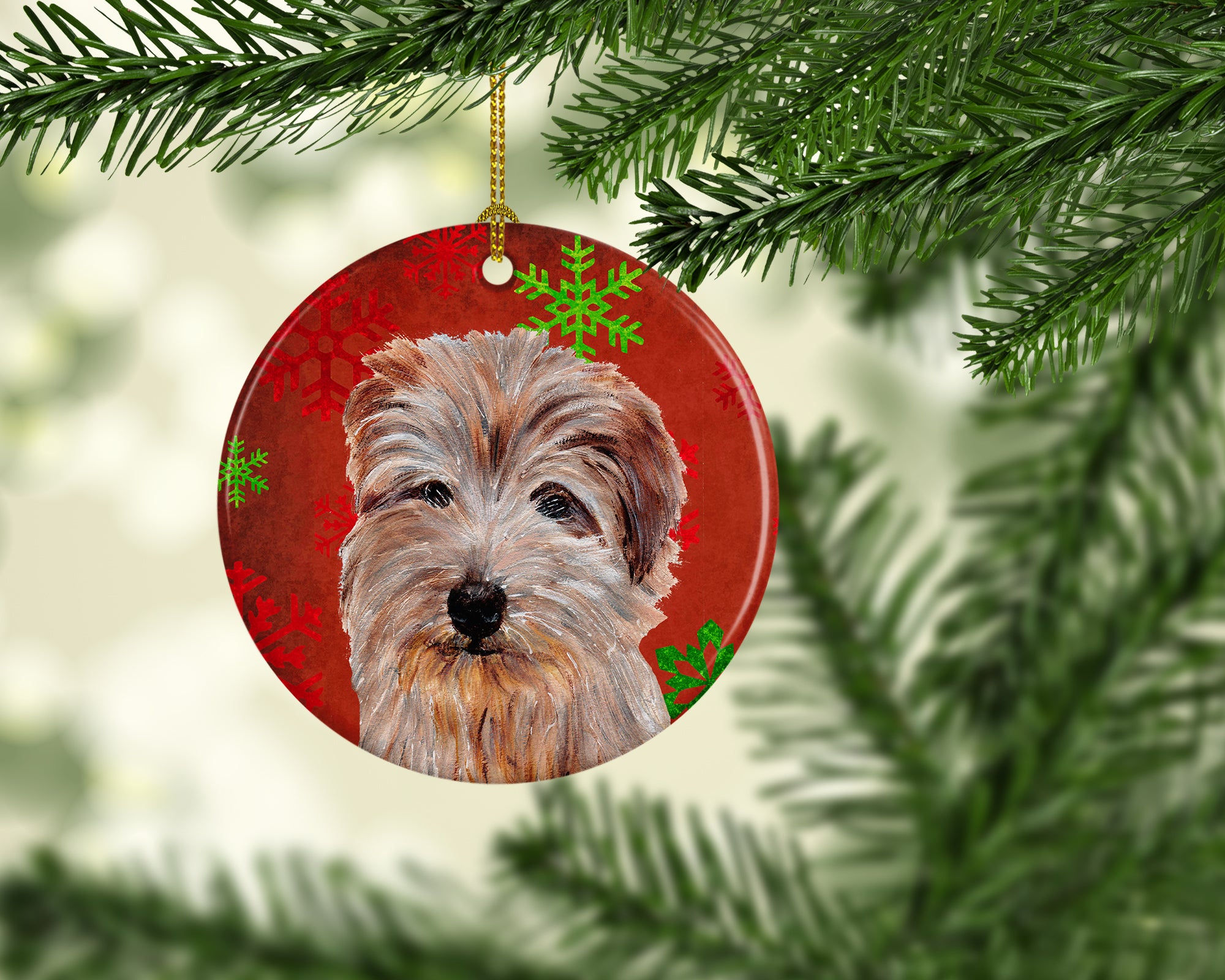 Norfolk Terrier Red Snowflakes Holiday Ceramic Ornament SC9760CO1 - the-store.com