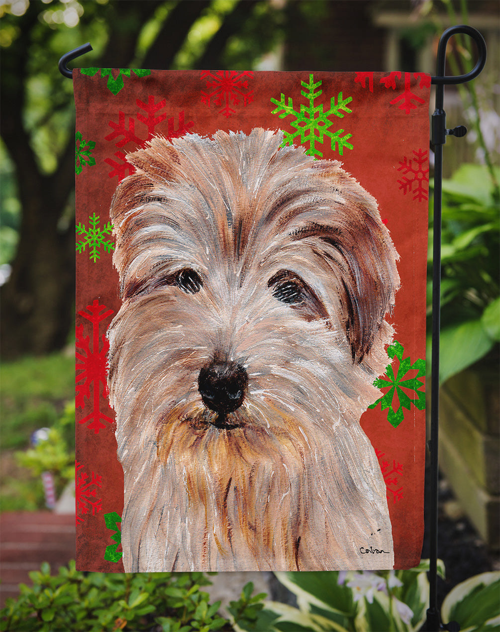 Norfolk Terrier Red Snowflakes Holiday Flag Garden Size SC9760GF
