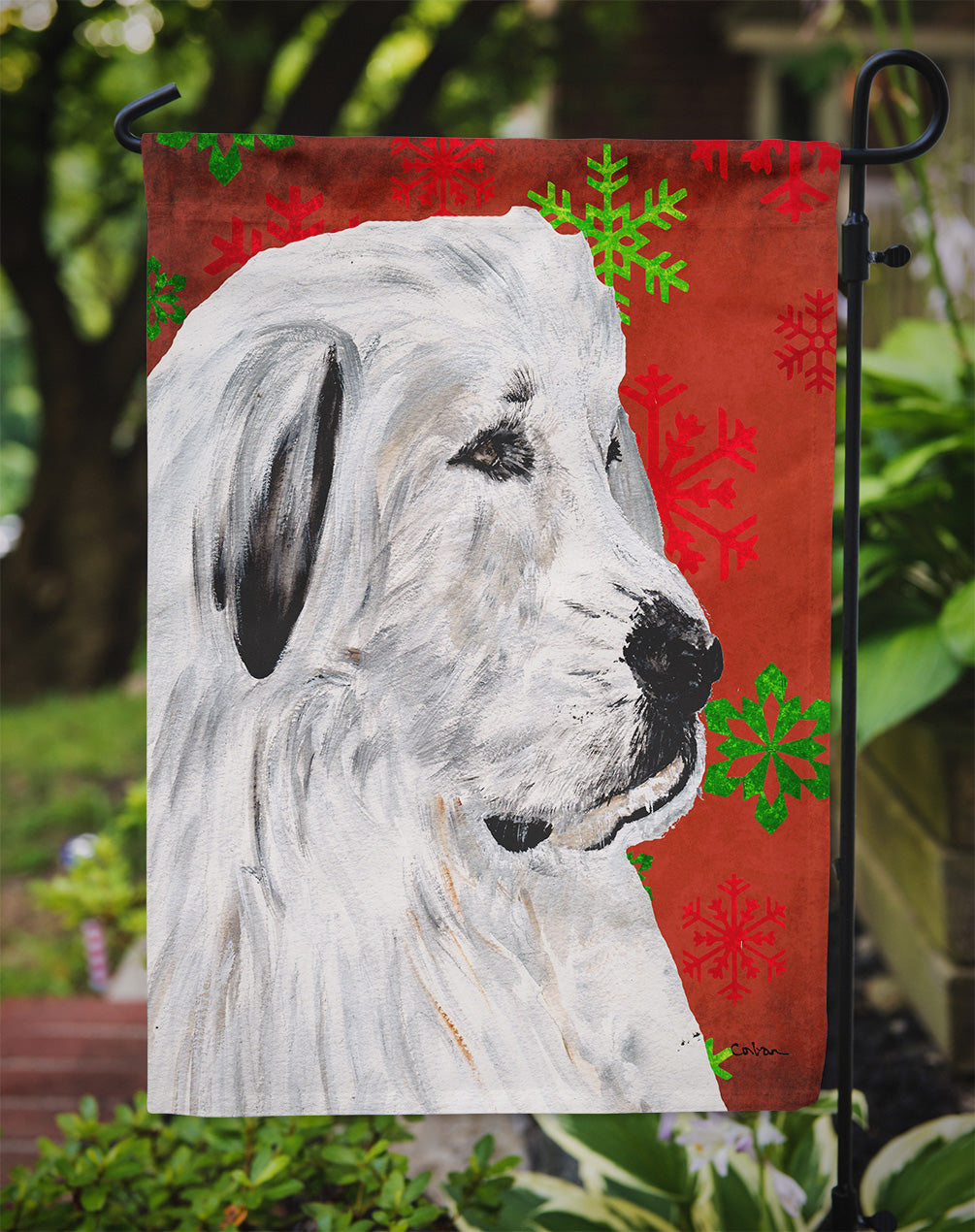 Great Pyrenees Red Snowflakes Holiday Flag Garden Size SC9762GF  the-store.com.