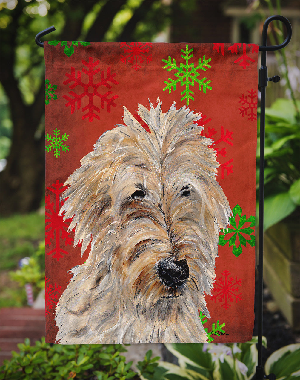 Golden Doodle 2 Red Snowflakes Holiday Flag Garden Size SC9763GF  the-store.com.