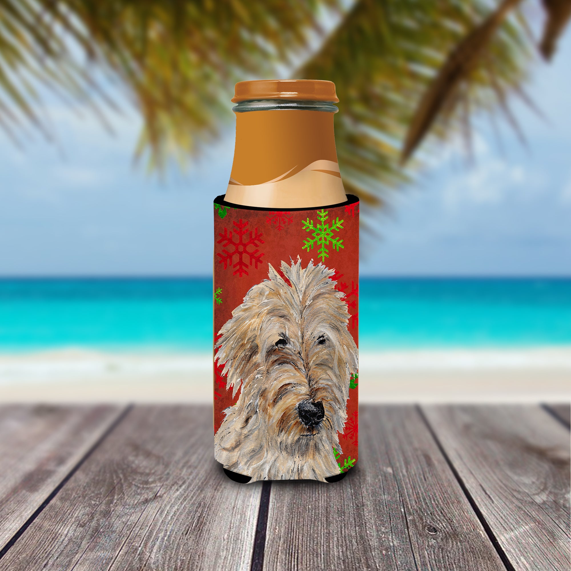 Golden Doodle 2 Red Snowflakes Holiday Ultra Beverage Insulators for slim cans SC9763MUK.