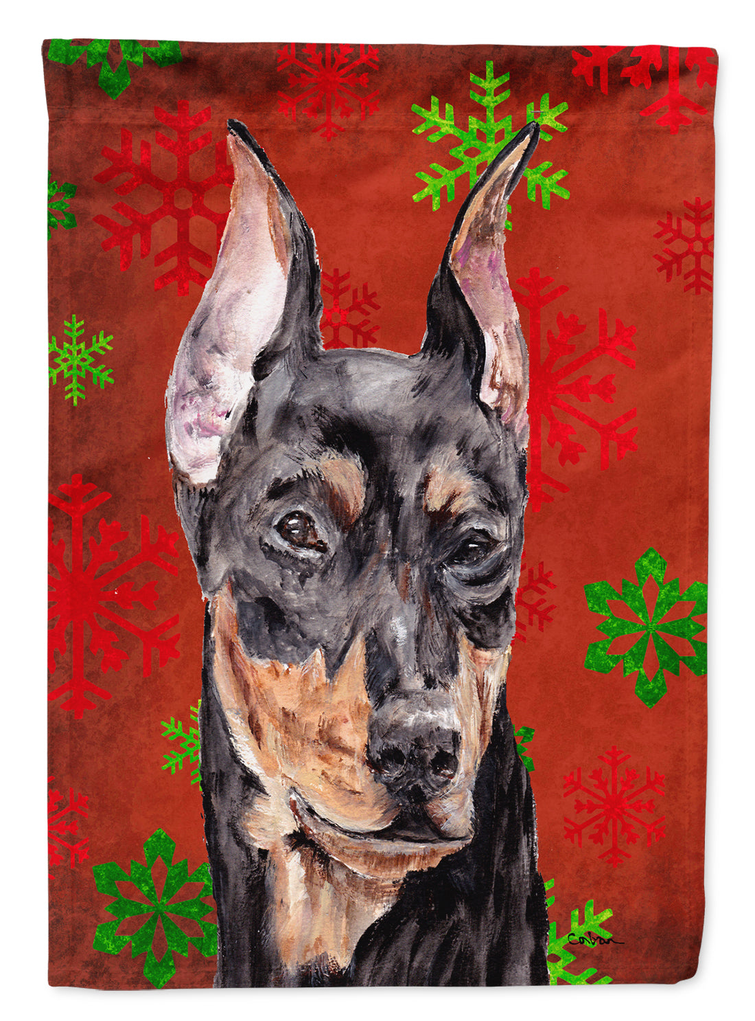 German Pinscher Red Snowflakes Holiday Flag Canvas House Size SC9764CHF