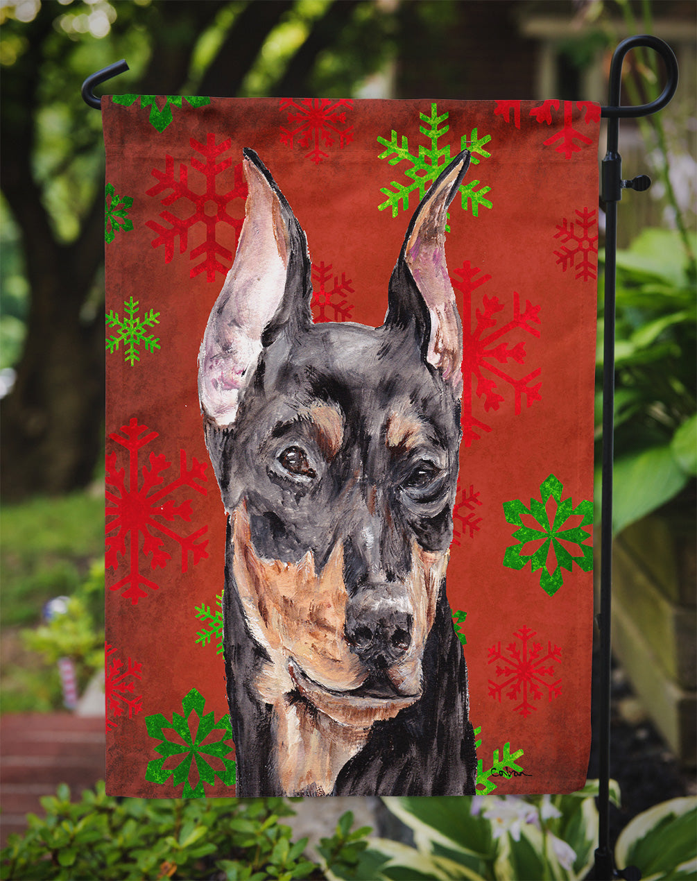 German Pinscher Red Snowflakes Holiday Flag Garden Size SC9764GF  the-store.com.