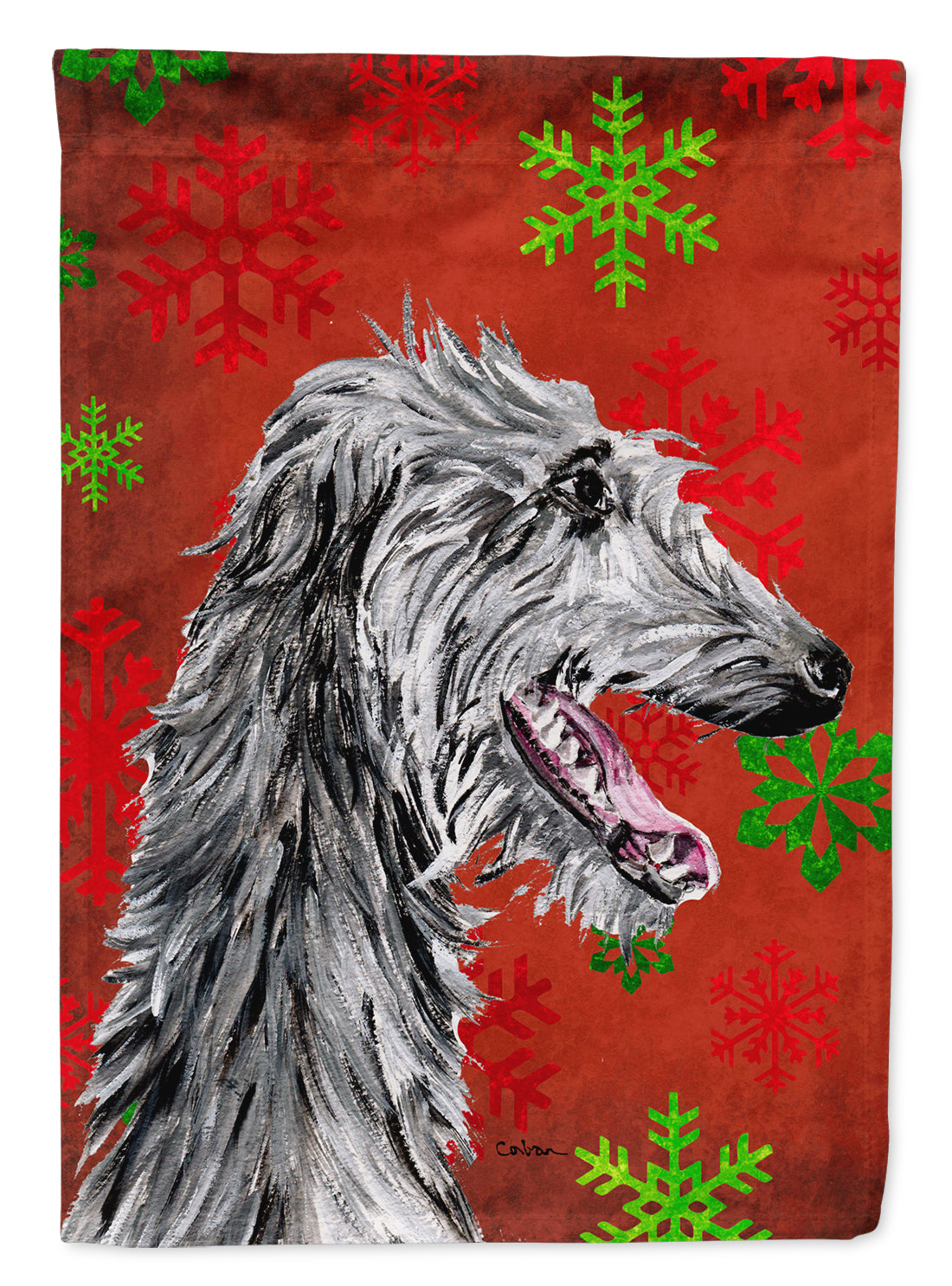 Scottish Deerhound Red Snowflakes Holiday Flag Canvas House Size SC9765CHF  the-store.com.