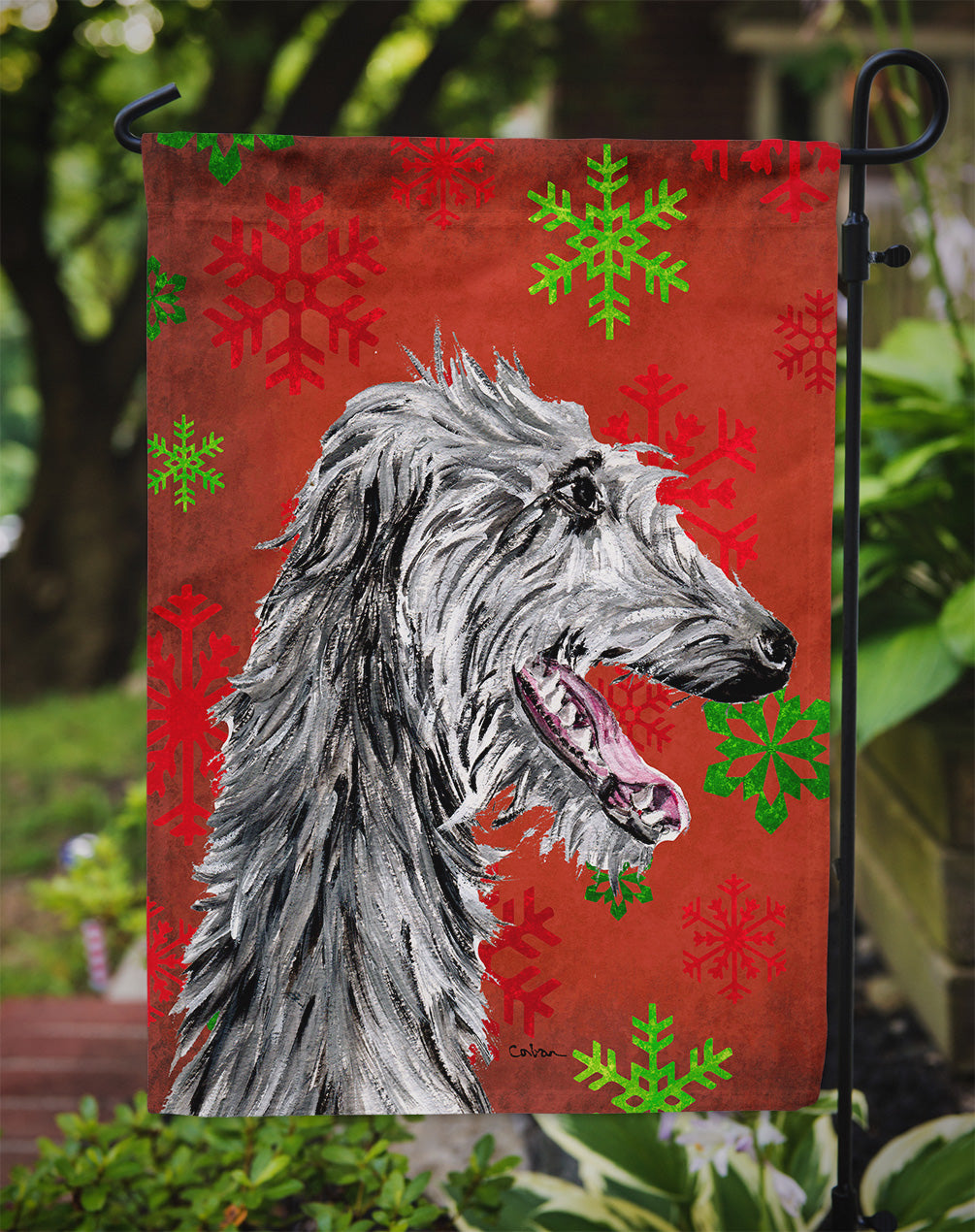 Scottish Deerhound Red Snowflakes Holiday Flag Garden Size SC9765GF  the-store.com.