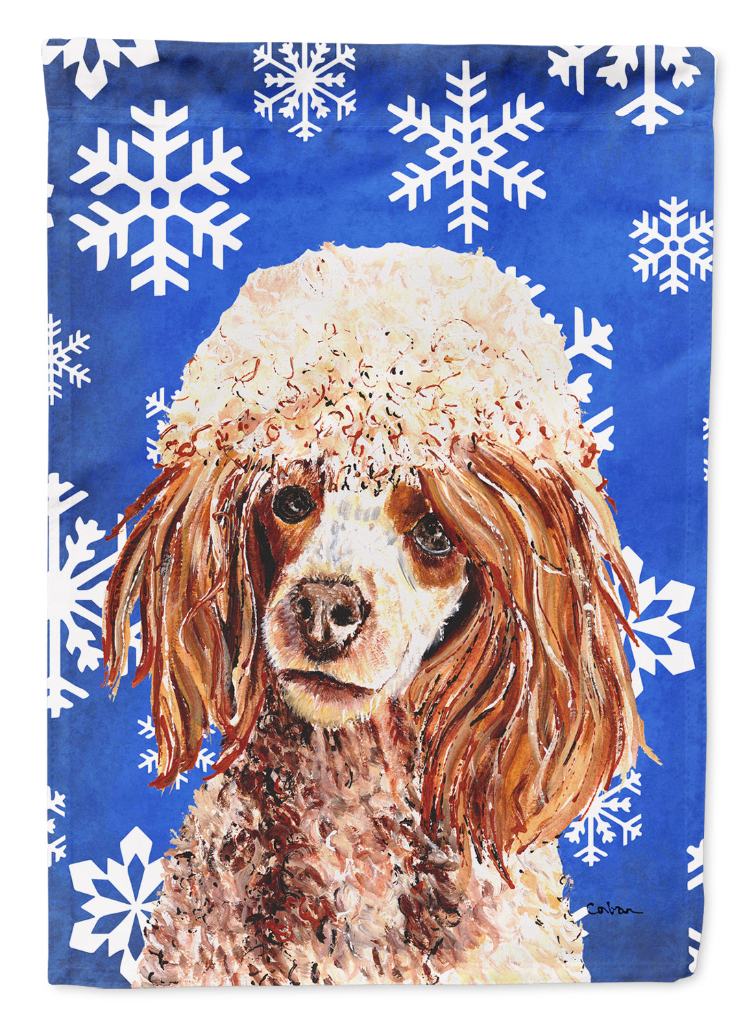 Red Miniature Poodle Winter Snowflakes Flag Canvas House Size SC9771CHF  the-store.com.