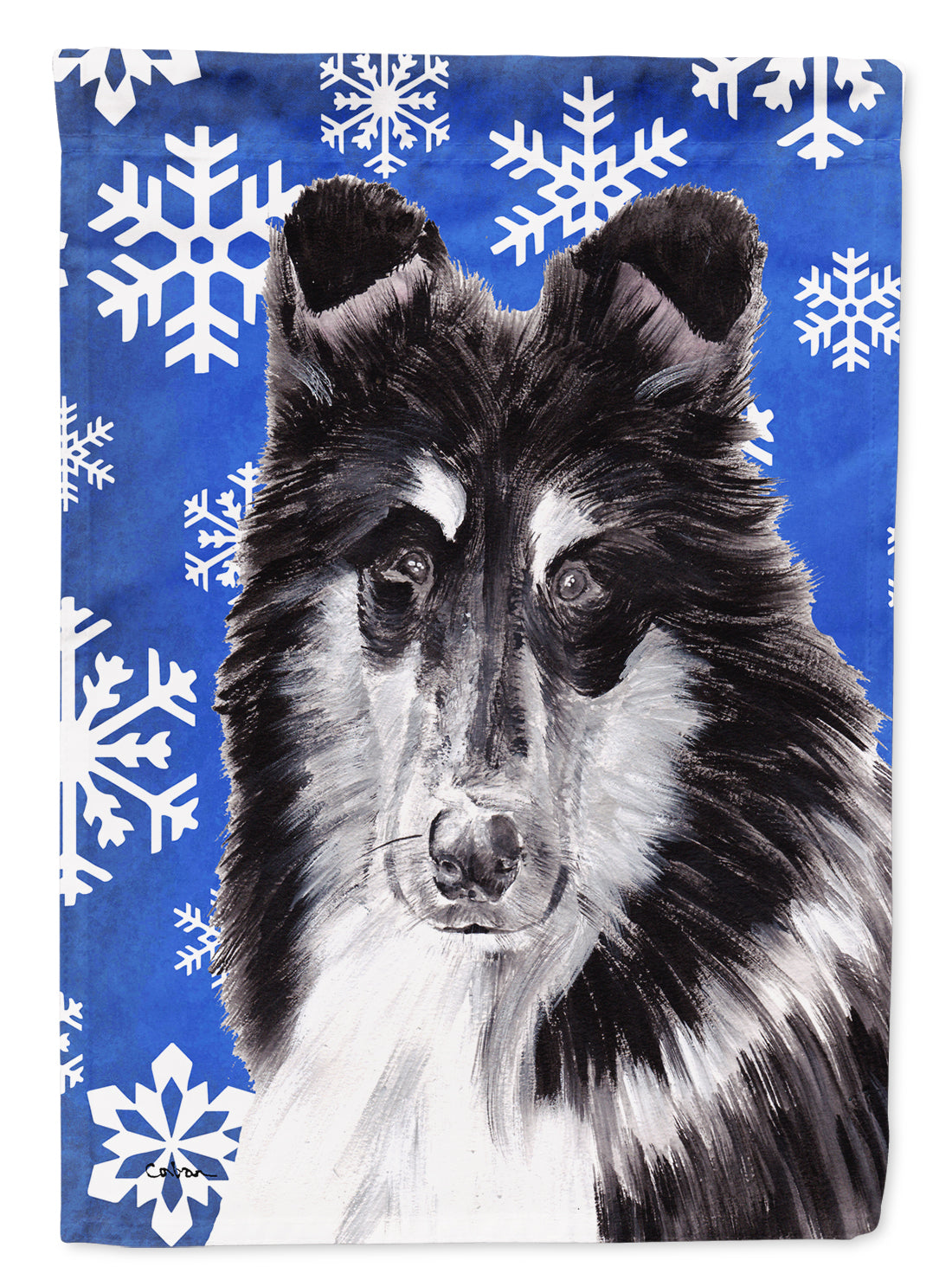 Black and White Collie Winter Snowflakes Flag Garden Size SC9774GF  the-store.com.