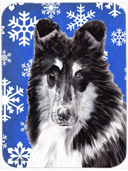 Black and White Collie Winter Snowflakes Glass Cutting Board Large Size SC9774LCB by Caroline's Treasures