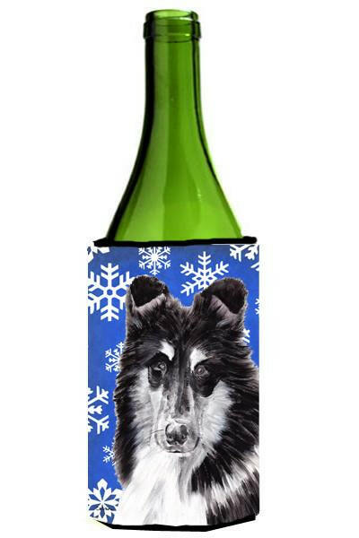 Black and White Collie Winter Snowflakes Wine Bottle Beverage Insulator Hugger SC9774LITERK by Caroline&#39;s Treasures