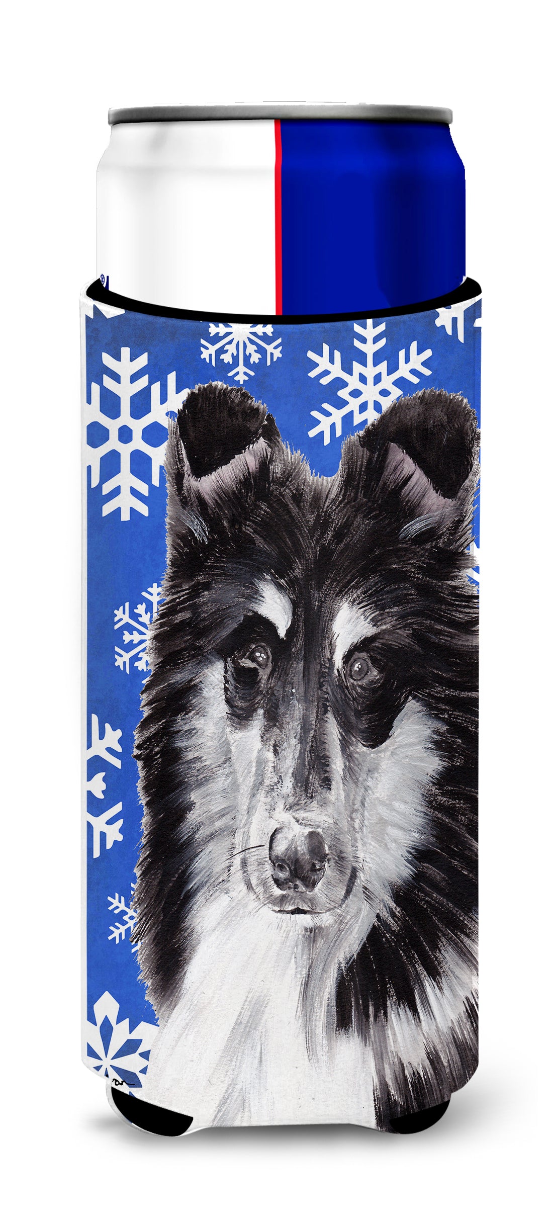 Black and White Collie Winter Snowflakes Ultra Beverage Insulators for slim cans SC9774MUK.