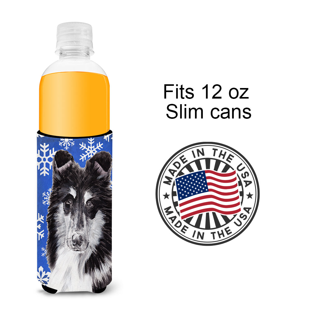 Black and White Collie Winter Snowflakes Ultra Beverage Insulators for slim cans SC9774MUK.