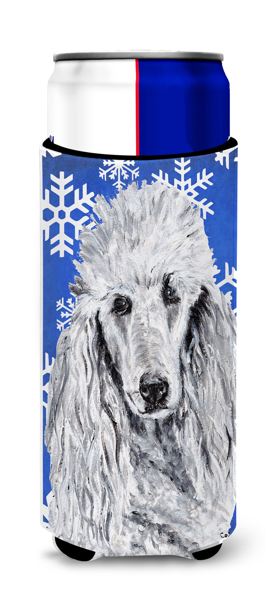 White Standard Poodle Winter Snowflakes Ultra Beverage Insulators for slim cans SC9775MUK.