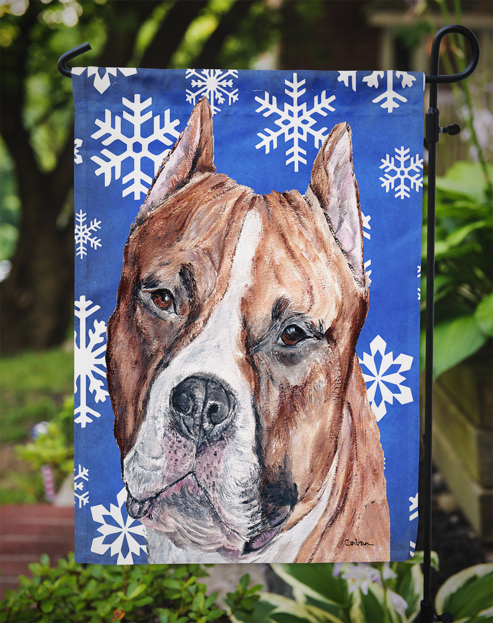 Staffordshire Bull Terrier Staffie Winter Snowflakes Flag Garden Size