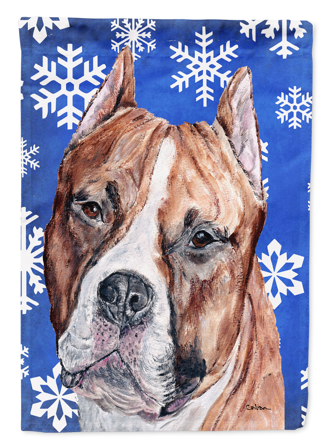 Staffordshire Bull Terrier Staffie Winter Snowflakes Flag Garden Size  the-store.com.