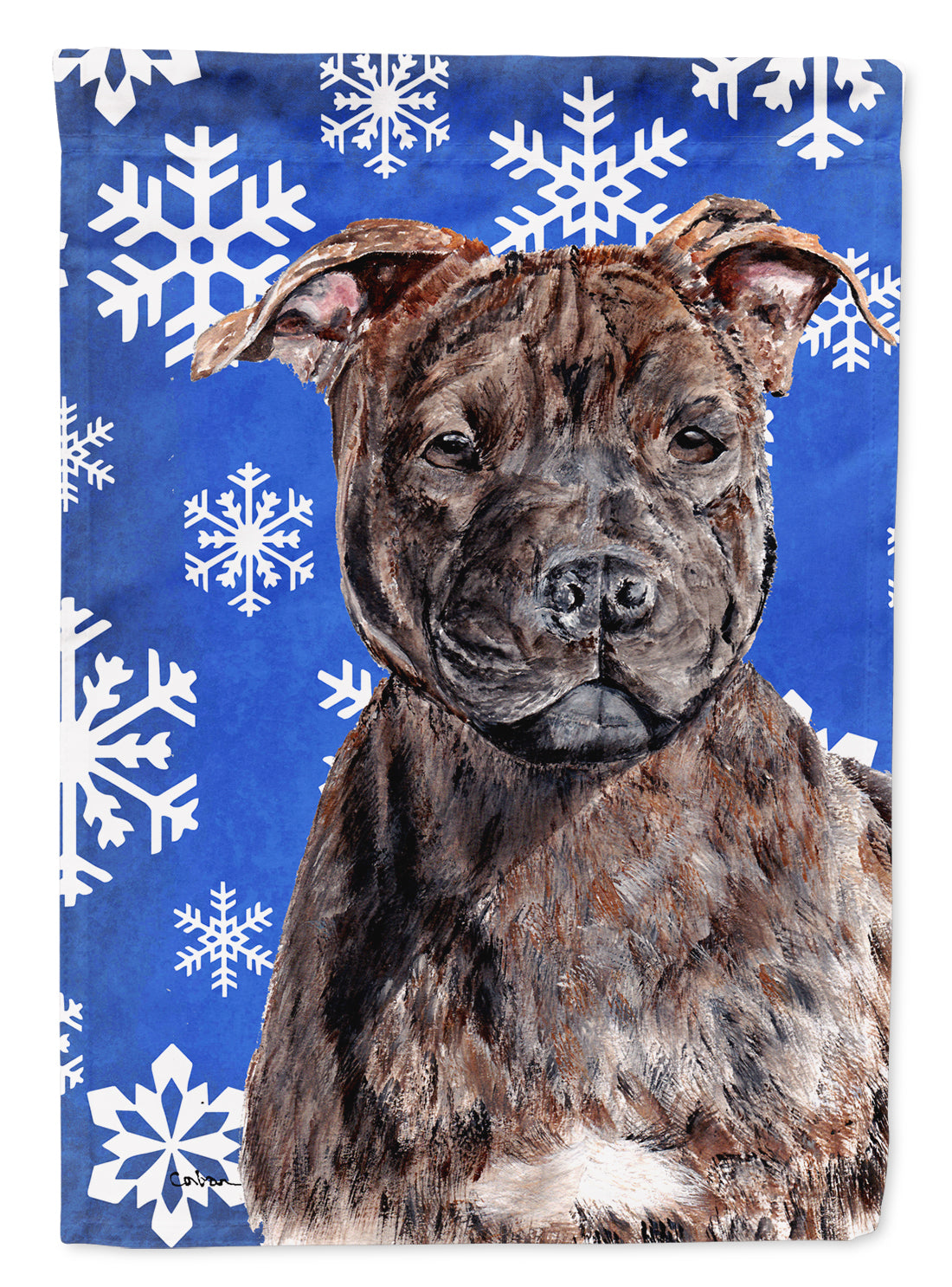 Staffordshire Bull Terrier Staffie Winter Snowflakes Flag Canvas House Size SC9777CHF  the-store.com.