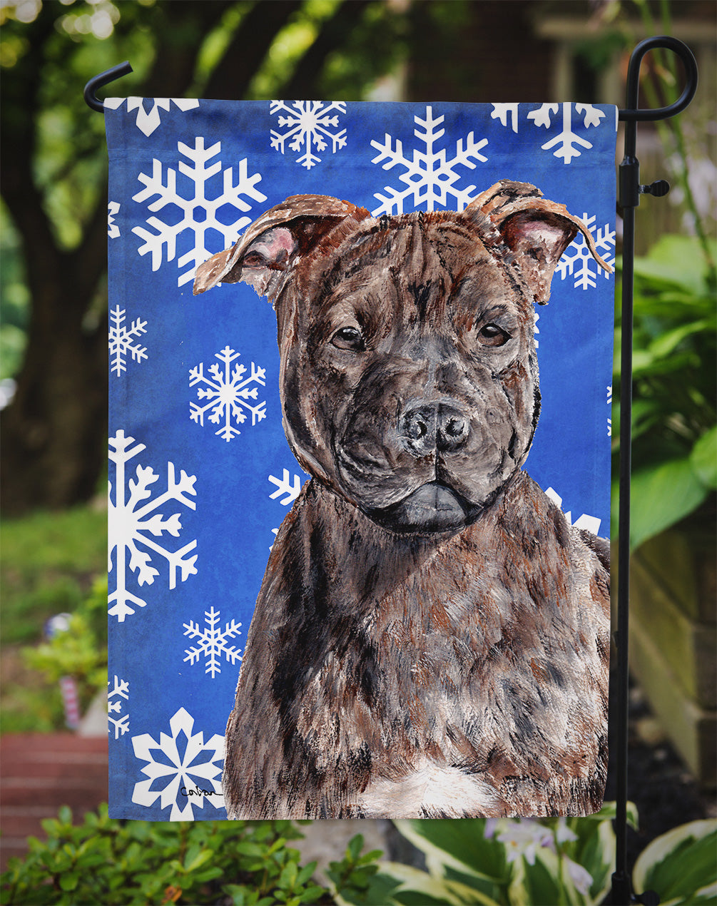 Staffordshire Bull Terrier Staffie Winter Snowflakes Flag Garden Size SC9777GF