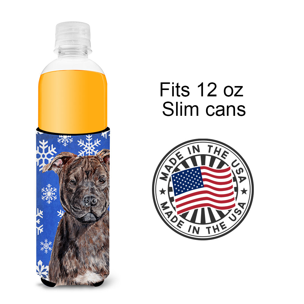 Staffordshire Bull Terrier Staffie Winter Snowflakes Ultra Beverage Insulators for slim cans SC9777MUK.