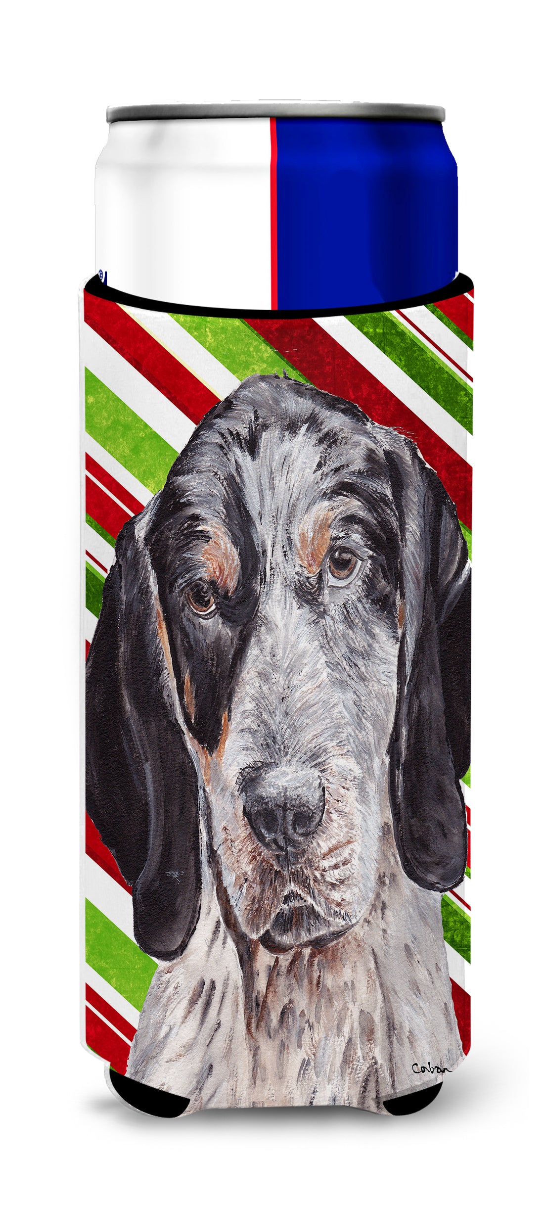 Caroline's Treasures Blue Tick Coonhound Candy Cane Christmas Slim Can Hugger – Fun & Functional Drink Coolers SC9793MUK