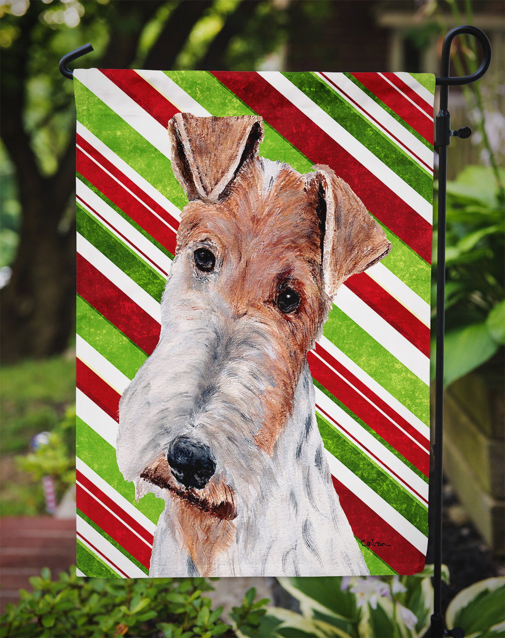Wire Fox Terrier Candy Cane Christmas Flag Garden Size