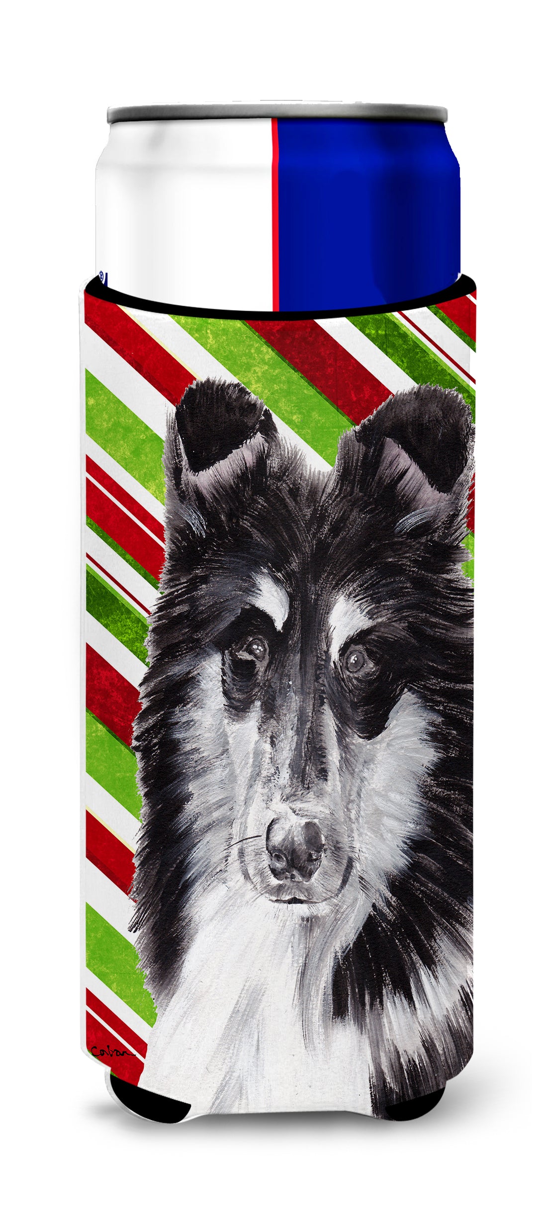 Black and White Collie Candy Cane Christmas Ultra Beverage Insulators for slim cans SC9798MUK.