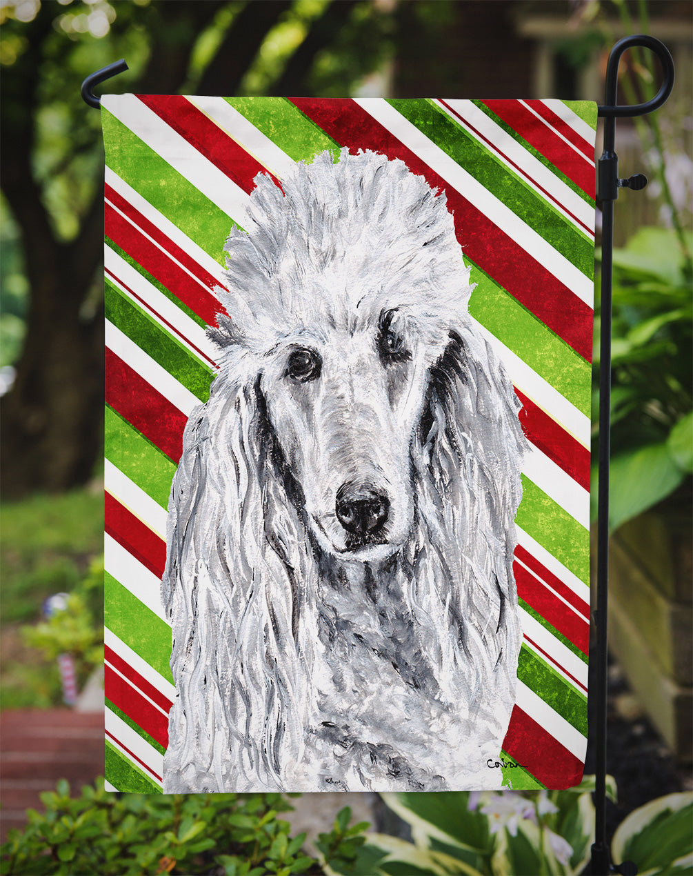 White Standard Poodle Candy Cane Christmas Flag Garden Size SC9799GF  the-store.com.