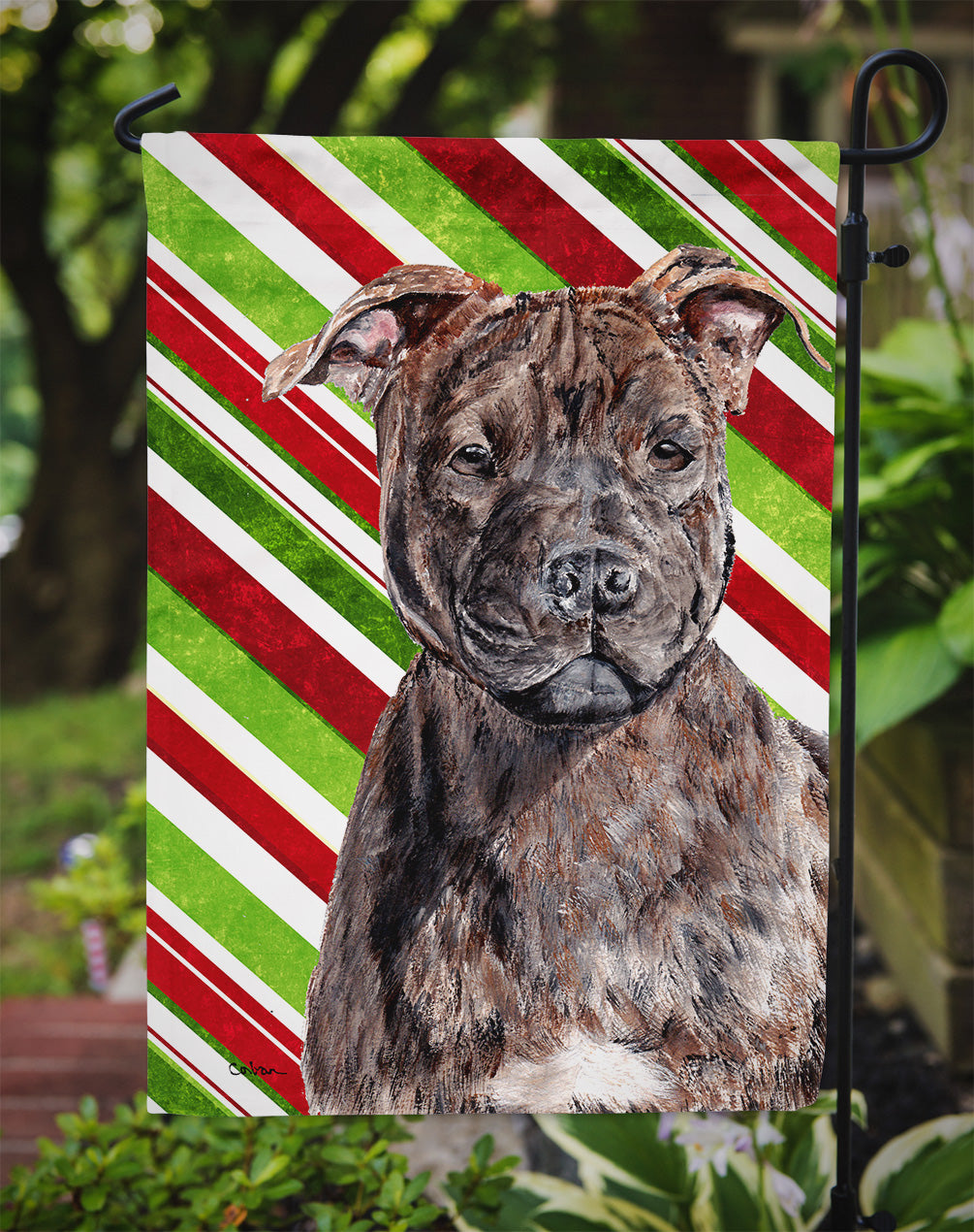 Staffordshire Bull Terrier Staffie Candy Cane Christmas Flag Garden Size